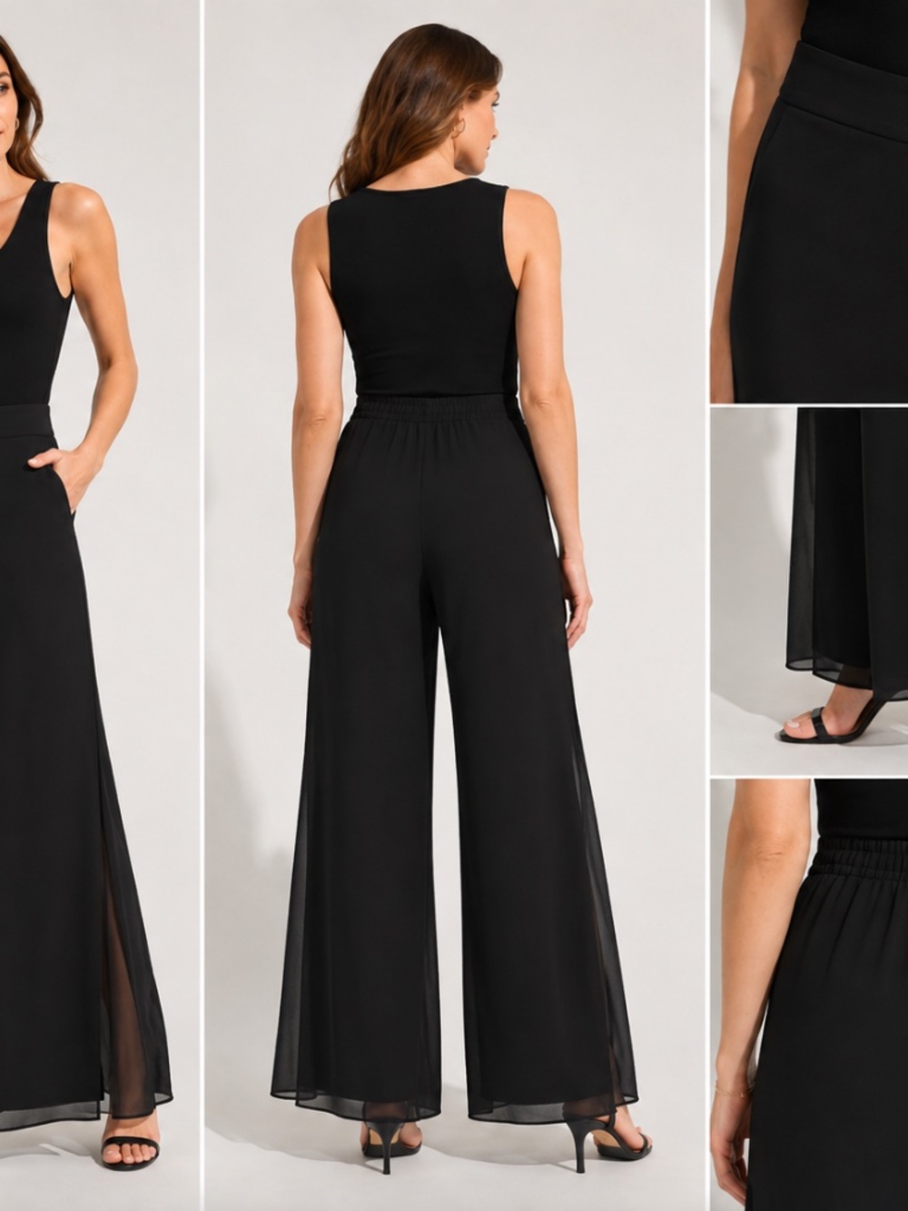 Joseph Ribkoff Black Pleated Wide Leg Pants Size 10 Sheer Overlay